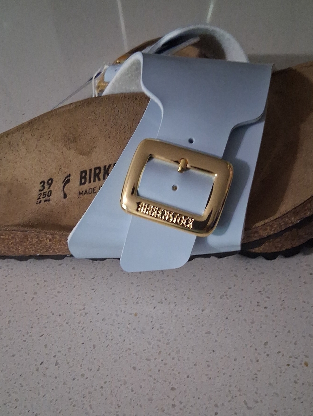 Birkenstock Women's Pale Shiney Blue Arizona Sandals with Gold Buckles